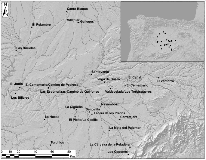 

Principales
aldeas y granjas altomedievales (ss. VI-VIII d.n.e.) en la meseta
norte.